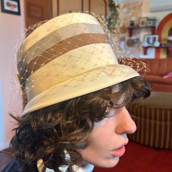 1960s peach basket MOD brown and grey striped birdcage veil hat - made in the us - Picture 4 of 14